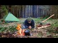 Solo Winter Bushcraft Camp Under an Ancient Oak Tree - Natural fire Lighting , Campfire Cooking.