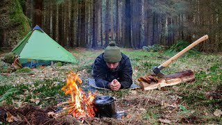 Solo Winter Bushcraft Camp Under an Ancient Oak Tree - Natural fire Lighting , Campfire Cooking.