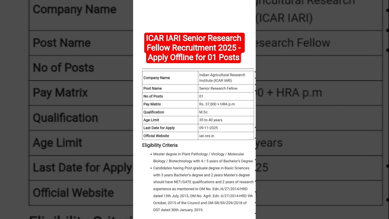 ICAR IARI Senior Research Fellow Recruitment 2025 - Apply Offline for 01 Posts