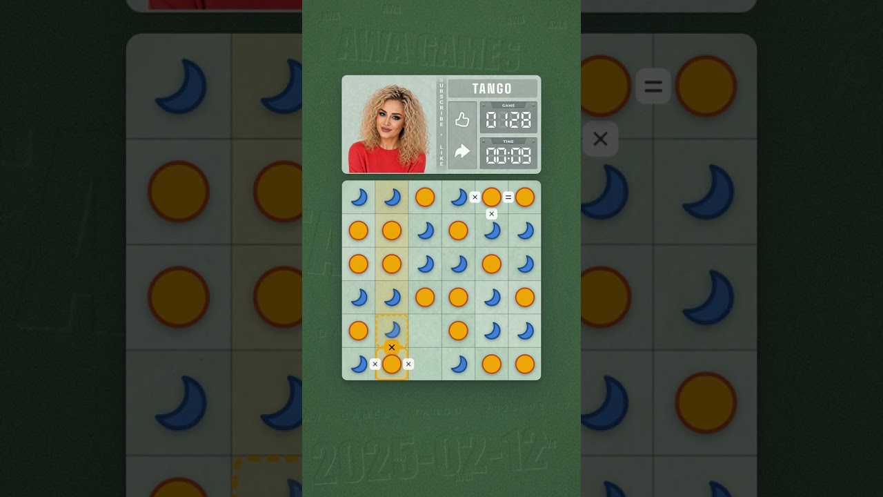 LinkedIn Tango #128 solved board for February 12, 2025, 6x6 grid