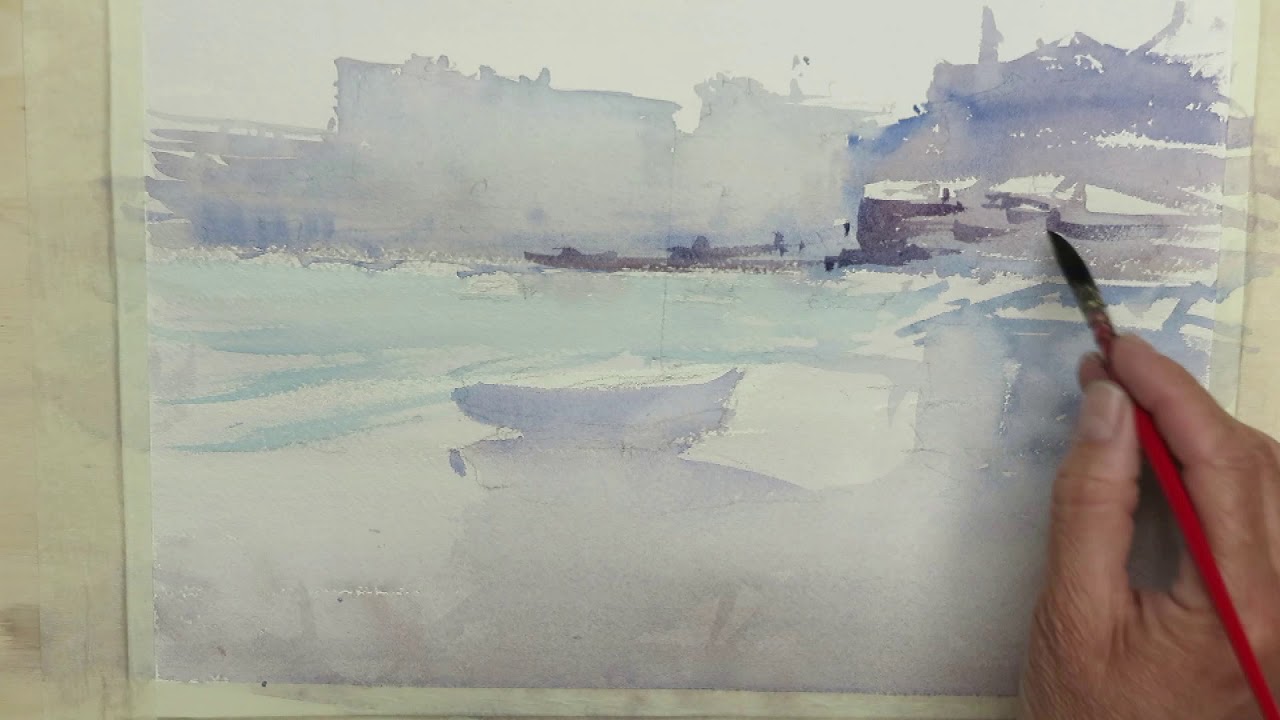 apunte del puerto en acuarela, proceso de una acuarela