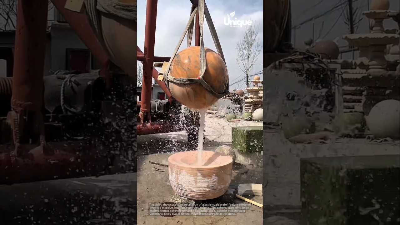 Process giant marble sphere fountain installation
