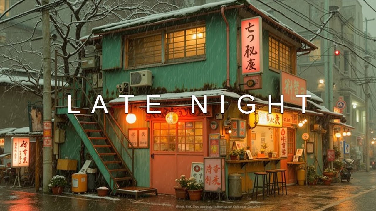 Японский город Lofi Зима Поздняя ночь Улицы Токио Снегопад Настроение
