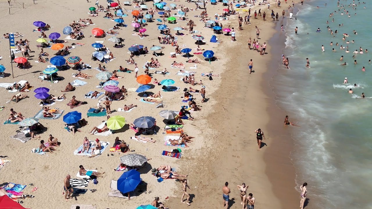 Barcelona Beach Drone Walk Barceloneta Beach Spain