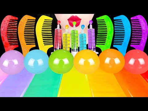 ASMR RAINBOW DESSERTS 무지개 주사기, 레인보우 쿄호젤리, 먹는빗 JELLO SHOOTER, SHEET JELLY, KOHAKUTO EATING MUKBANG 먹방