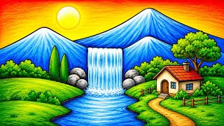 Beautiful Nature Scenery Drawing | Easy Waterfall, House & Mountain Drawing Tutorial 🌄🎨
