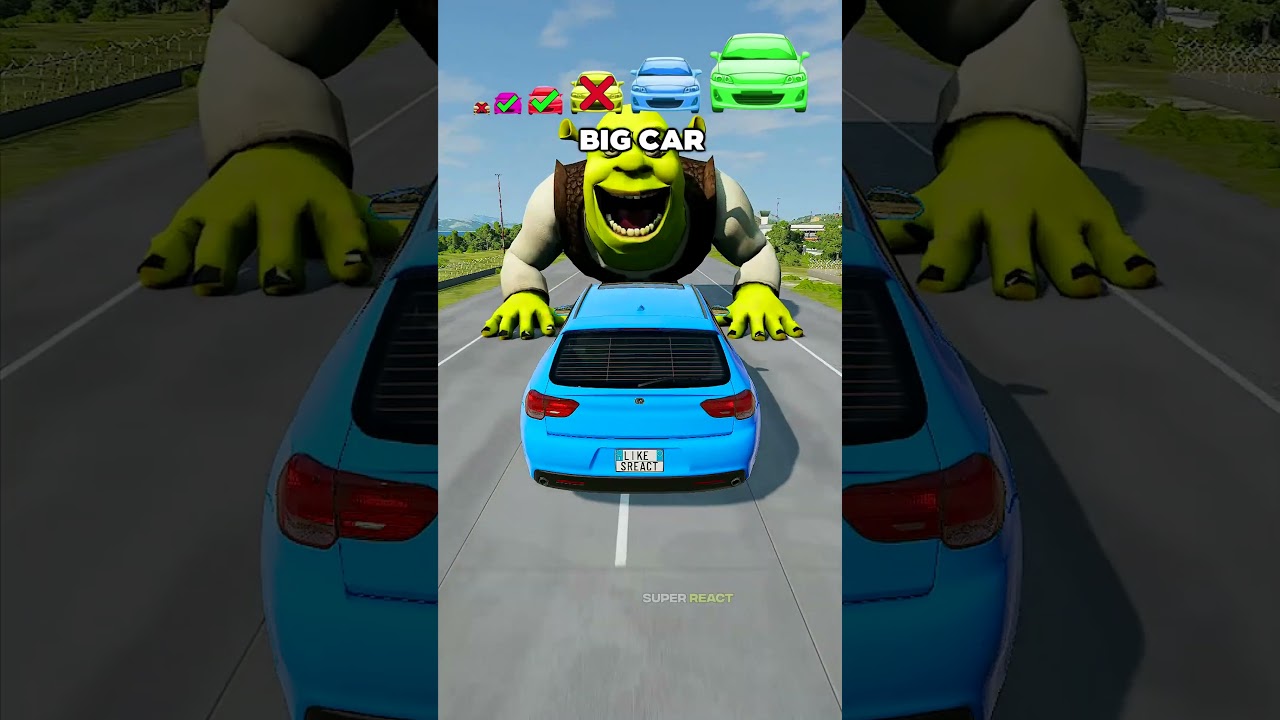 Большие и маленькие машины против гигантского Шрека — BeamNG.Drive