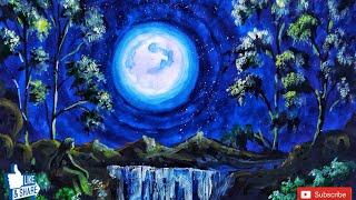 How to Draw Moonlight waterfall scenery for Beginners step by step || Moonlight Tutorial ||