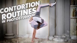 Contortion Routines in photostudio. Handstand acrobatics. Fitness workout. Contortionist Ella