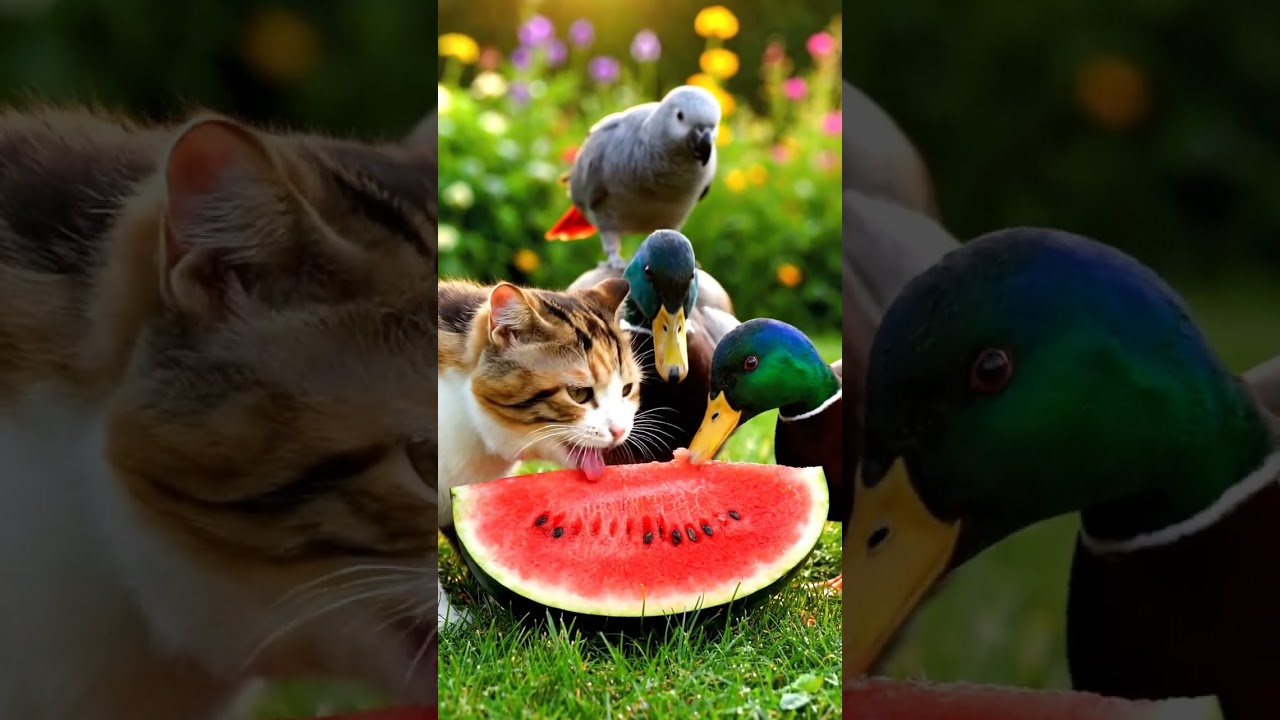 Cute Cat, Duck & Parrot Eating Watermelon | Healing Animal Short (2025)