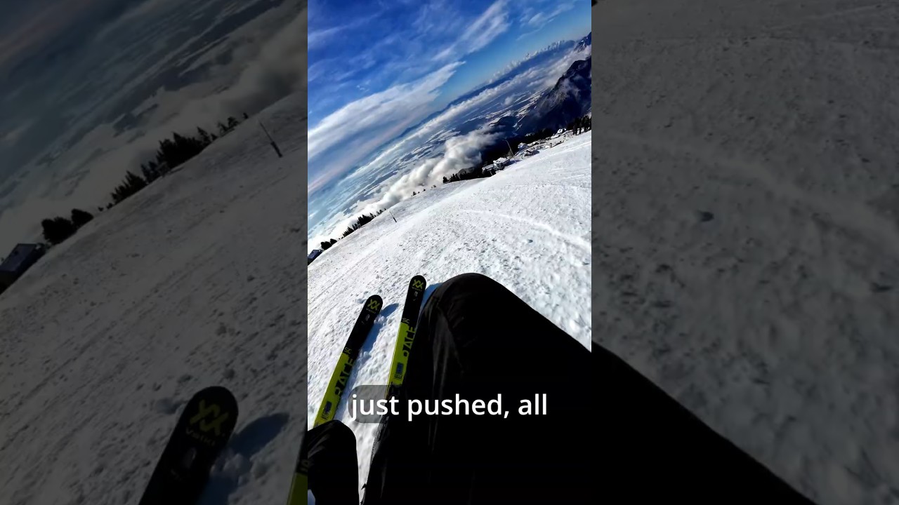 Fast skiing on icy slopes. Wind blew away all the snow. Skiing on Krvavec series. 23 of ..