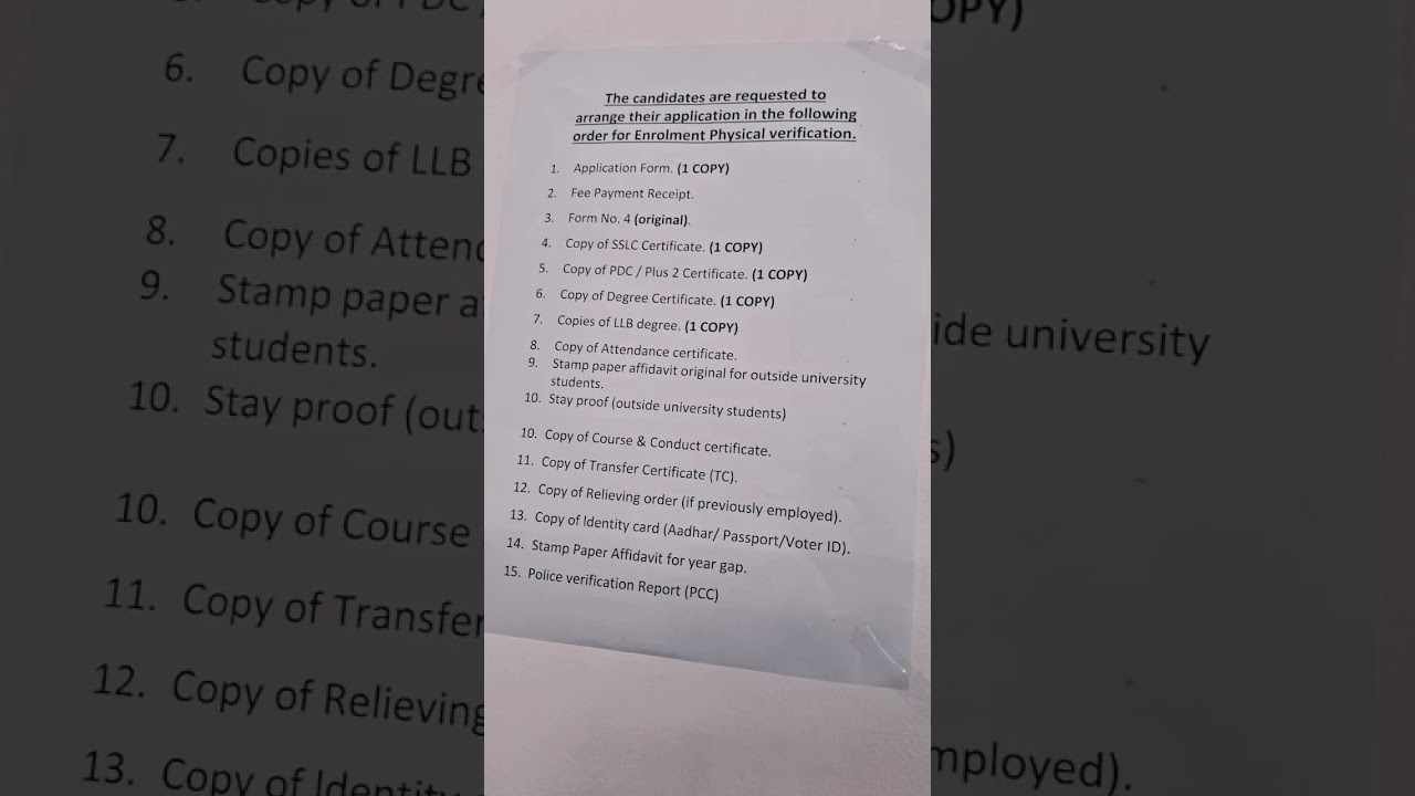 DOCUMENTS REQUIRED FOR KERALA BAR COUNCIL LLB ENROLLMENT VERIFICATION 