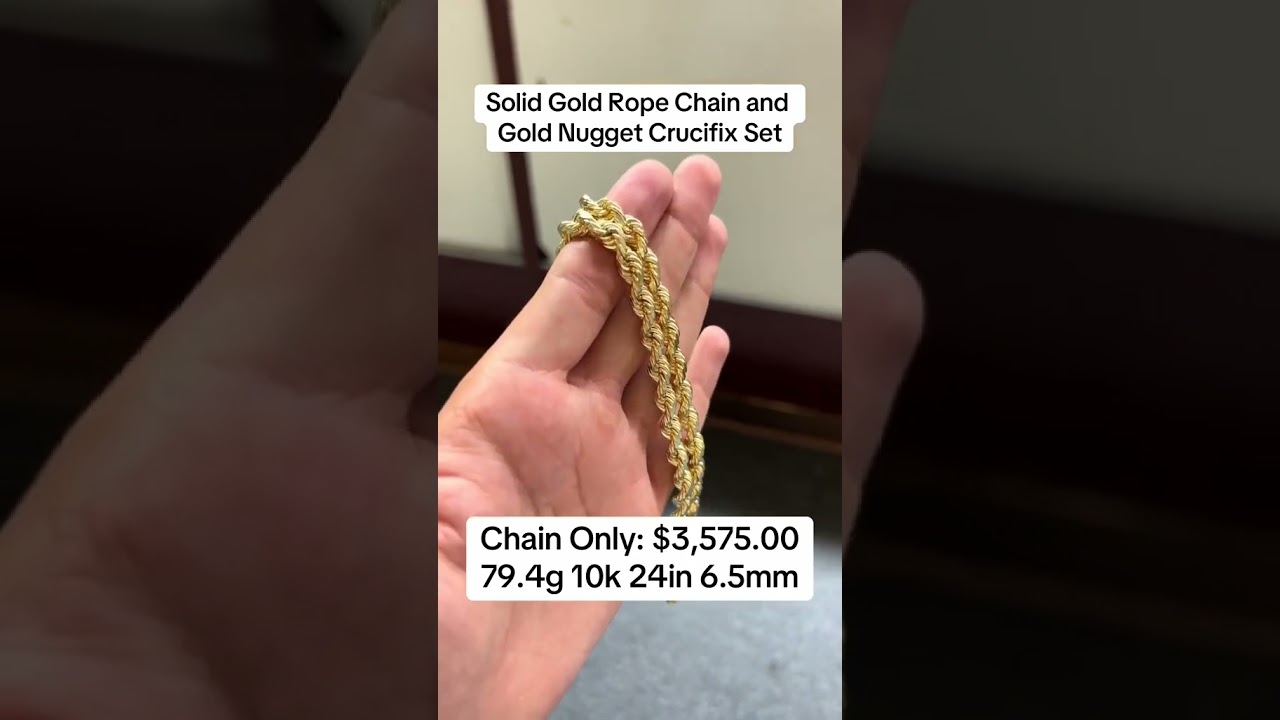 Solid Gold Rope Chain & Nugget Crucifix Pendant Set 