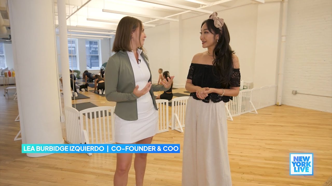 New York Live television segment about Puppy Sphere puppy yoga and mimosas