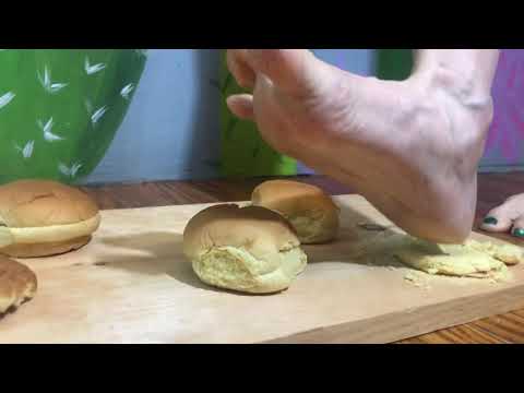 Crushing white bread very crunchy with bare feet