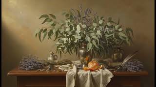 Samsung Frame TV Art - Eucalyptus, Lavender & Orange Still Life - Serene Study