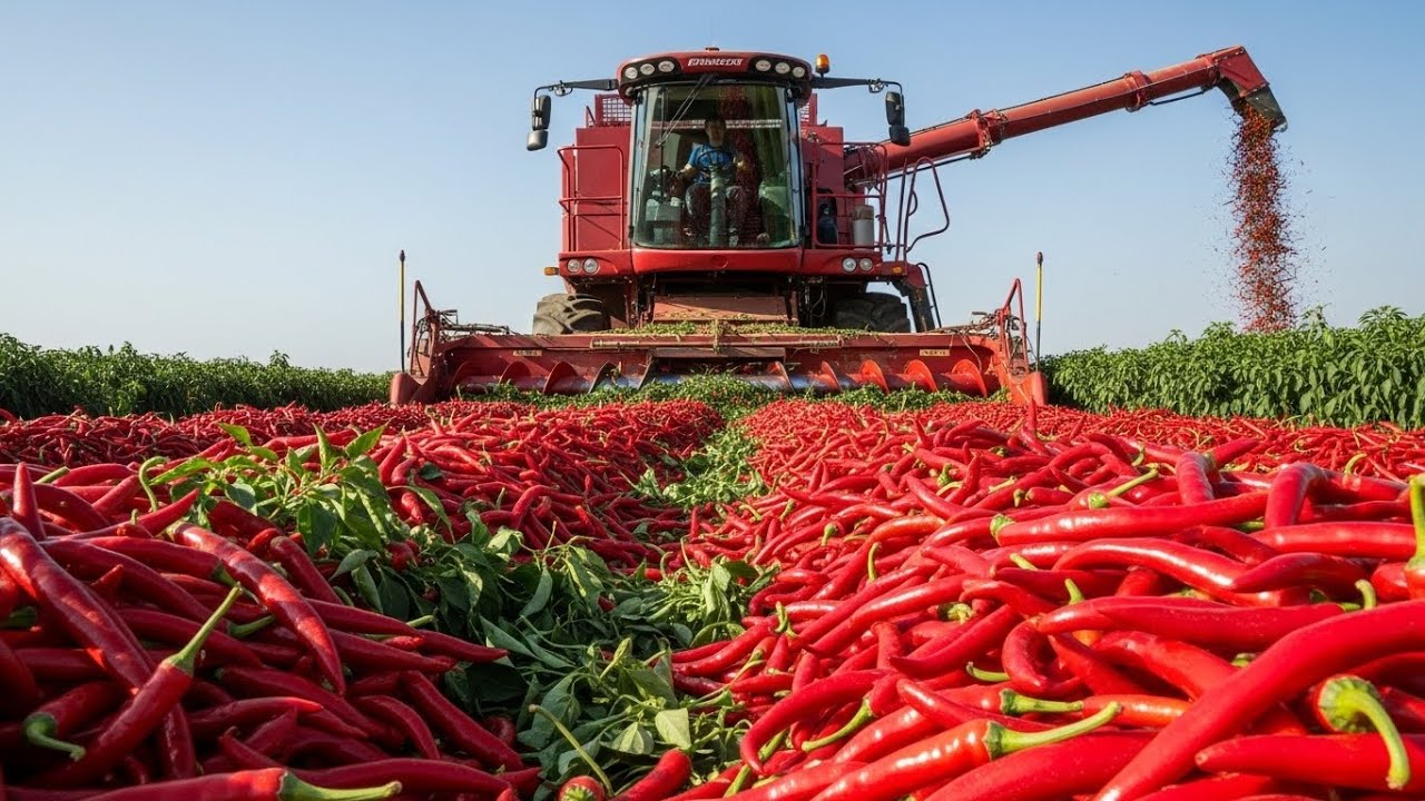 How American Farmers Harvest Pounds of Red Chili Peppers by Machine | Documentary