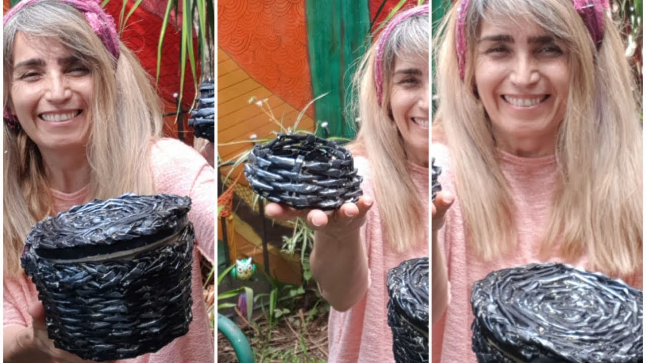 Cestería, canasta con papel de diario/periódico Reciclado de pote de telgopor Símil mimbre♻