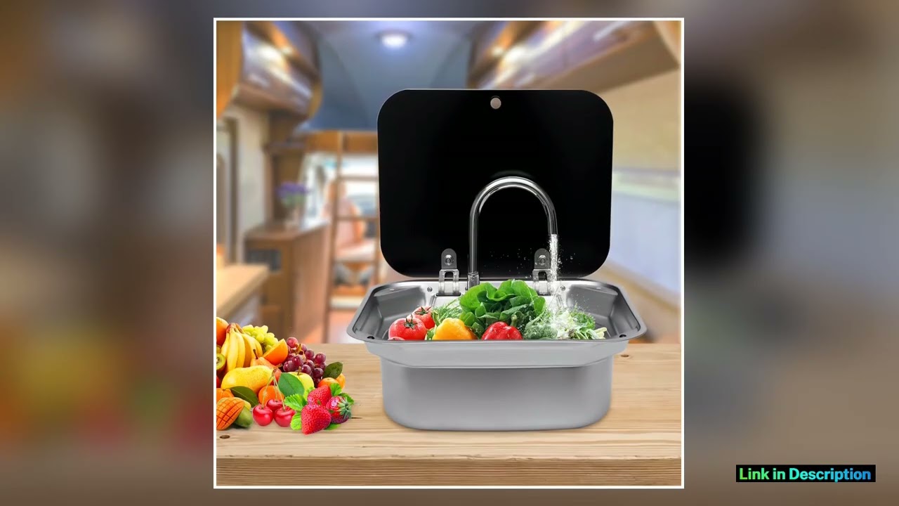 RV Caravan or Boat Stainless Steel Hand Wash Basin Sink with Folded Faucet Tempered Glass Lid van
