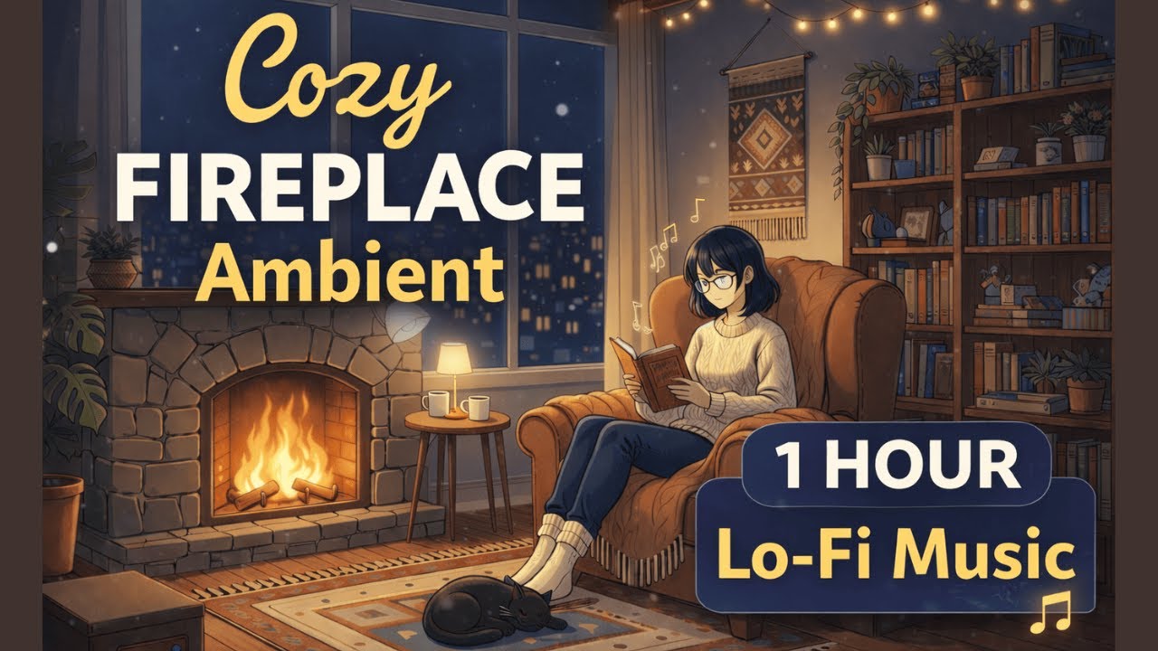 Cozy Fireplace Ambience 🌙 Night Reading Room | 1 Hour Lo-Fi Study & Relax Music