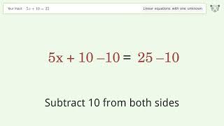 Solve 5x+10=25: Linear Equation Video Solution | Tiger Algebra