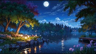 Spring Night Lake Ambience | Soothing Water Sounds, Crickets Sounds | Water Sounds For Stress Relief