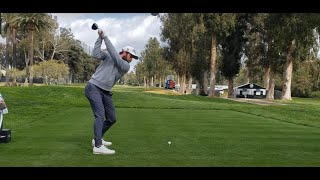 Colin MoriKawa, Danny Willett, Cameron Young, 11th hole at 2023 Genesis Invitational. Collin Morikawa Genesis Invitational