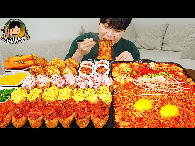 ASMR MUKBANG | fire noodle ramyeon, kimbap, kimchi recipe ! eating class=