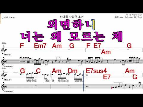 바다를사랑한소년  진시몬   가수처럼 엠알로  악보  노래 하기  남 원키  Am