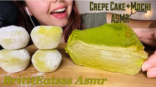 ASMR MATCHA CREPE CAKE+GREEN TEA MOCHI ICE CREAM! STICKY EATING SOUNDS | NO TALKING |