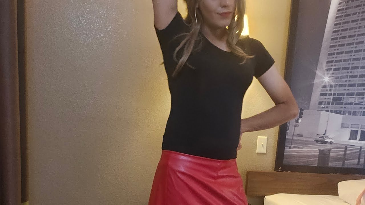 crossdressing in red mini skirt