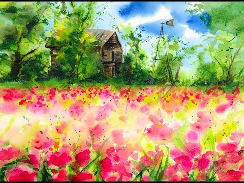 Countryside Landscape in Watercolors Painting Tutorial - YouTube