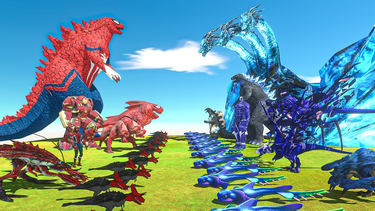 Team Red + Spider Godzilla vs Dark Ice King Ghidorah + Team Blue - Animal Revolt Battle Simulator