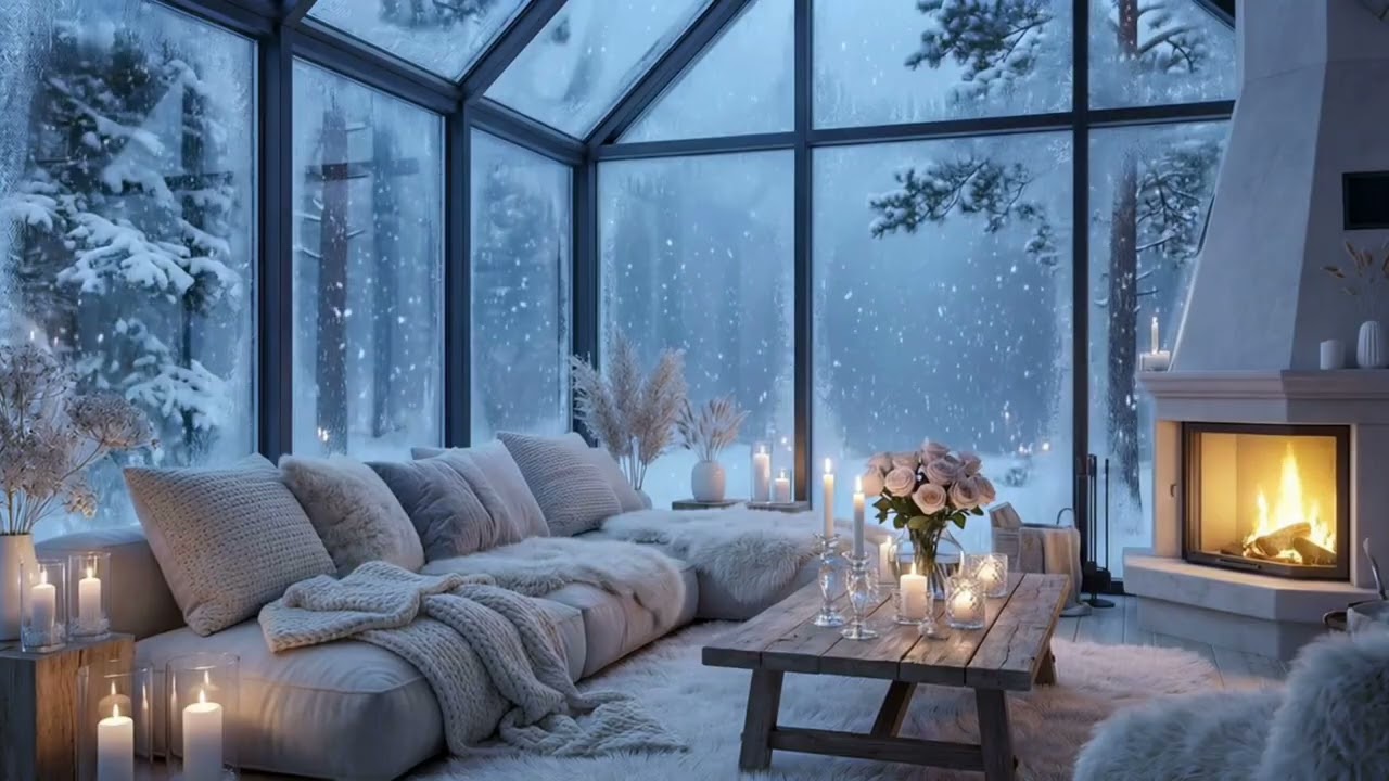Tranquil Snow Peaceful Piano ❄️ Fireplace Winter Cabin Ambience 🌨️ Cozy Calm Relax Focus Sleep