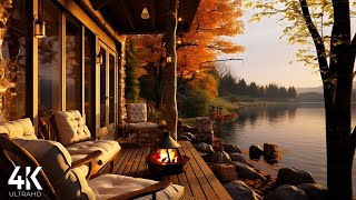 Autumn Morning Ambience 4K 🍁| Campfire Sounds, Lakeside Water and Relaxing Autumn Breeze