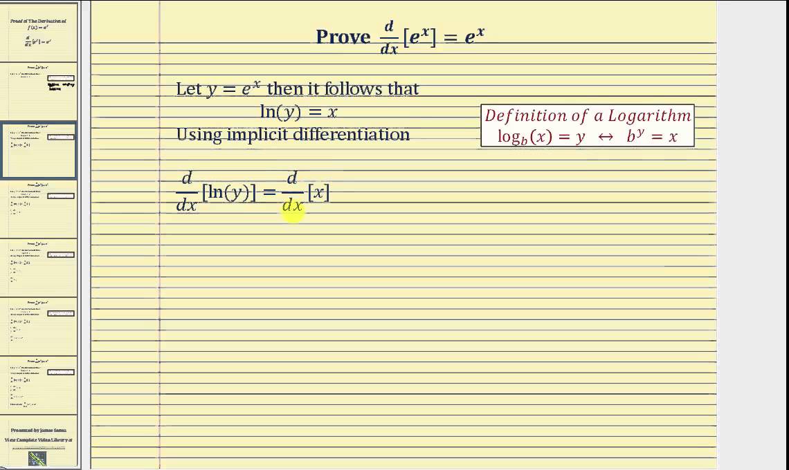 Proof The Derivative Of F X E X D Dx E X E X Implicit Differentiation Youtube
