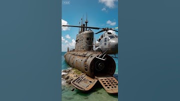 An attack helicopter emerges from a submarine.