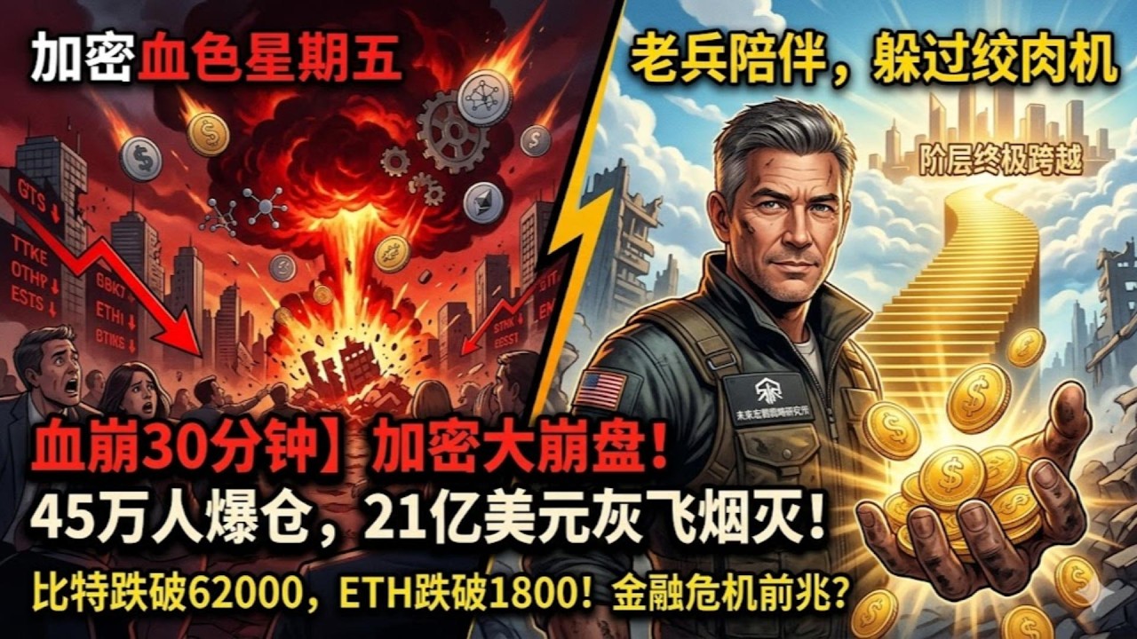 【血崩30分钟】加密大崩盘！45万人爆仓，21亿美元灰飞烟灭！比特币跌破62000美元，ETH跌破1800美元！加密血色星期五，是金融危机前兆？#财经#金融#股票#爆仓#美元