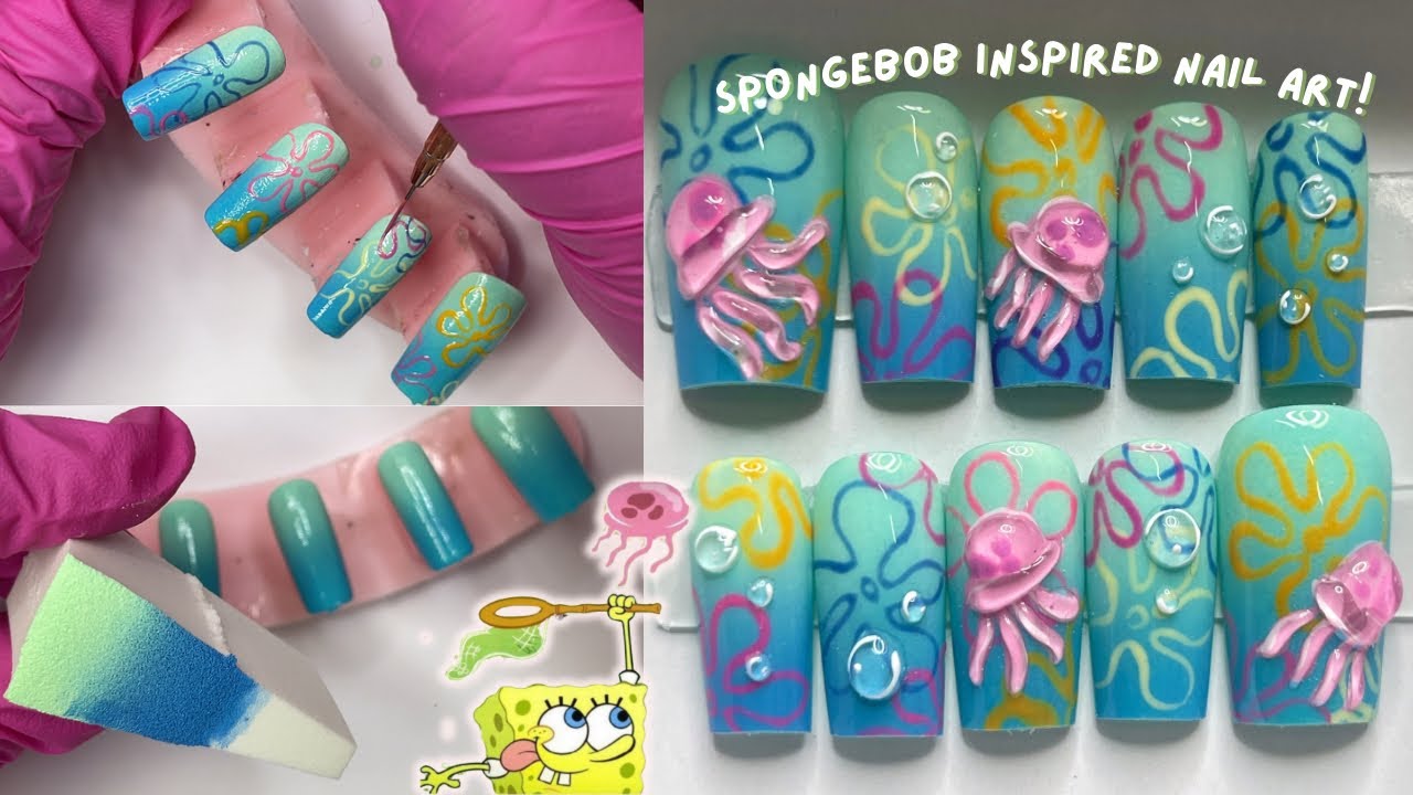 3D JELLYFISH PRESS ON NAILS! 🫧🍍SPONGEBOB NAIL ART! HOW TO MAKE CARTOON PRESS ON NAILS