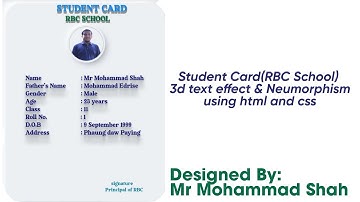 Student Card(RBC School) 3d text & Neumorphism using html and css | Designed By Mr Mohammad Shah