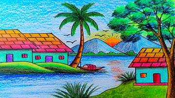 how to draw riverside village scenery for beginners very easy / comely village drawing / cobe art
