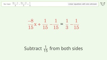 Linear equation with one unknown: Solve (2x-1)/3-(6x-2)/5=1/3 step-by-step solution