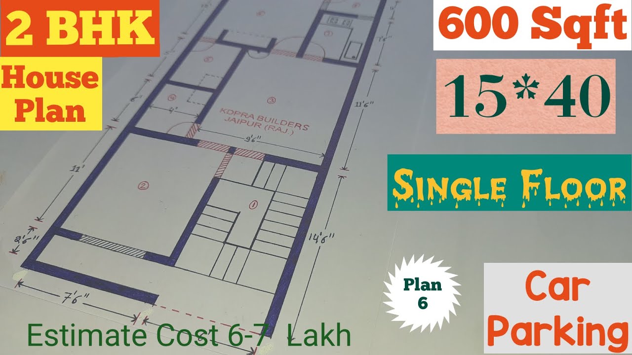 15 * 40 2 BHK House Plan With Car Parking 600 Sqft