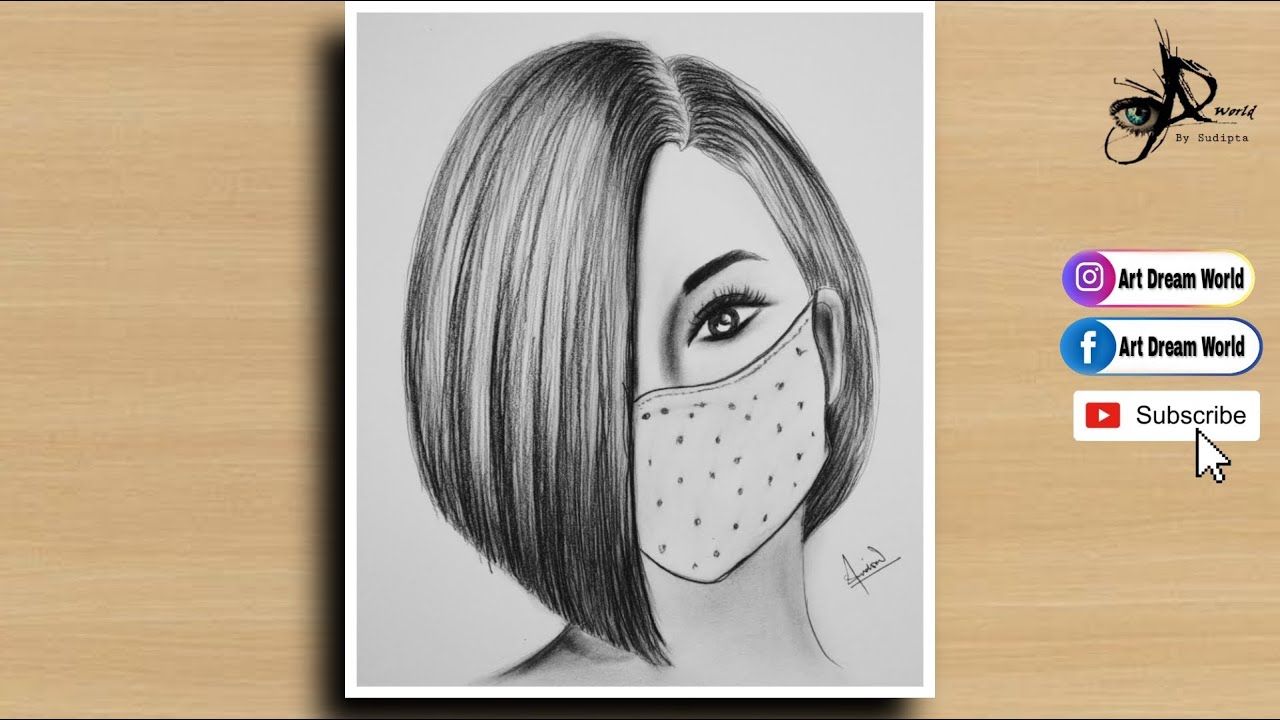 Middle Black Mask Girl Pencil Sketch, Size: 2x3