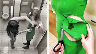 Two Girls Customizing Their Dresses In A Public Toilet || Clothes Transformation Ideas