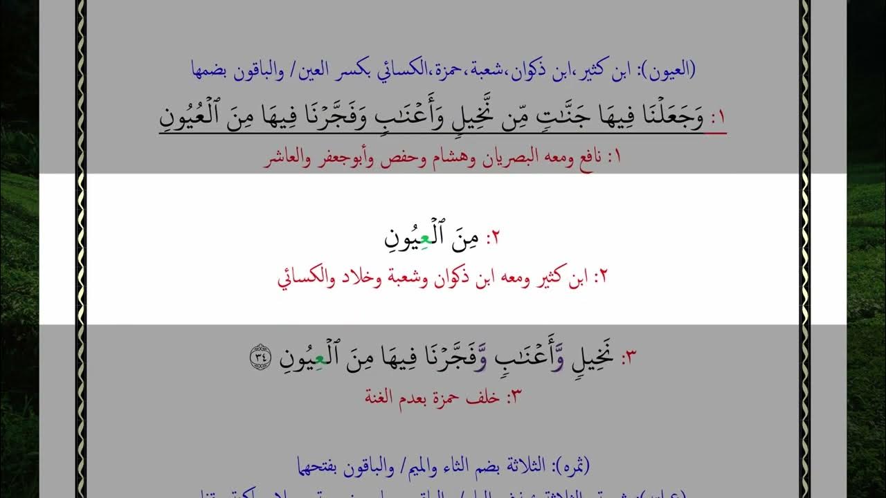 وجعلنا فيها جنات من نخيل وأعناب وفجرنا فيها من العيون 34 بالقراءات