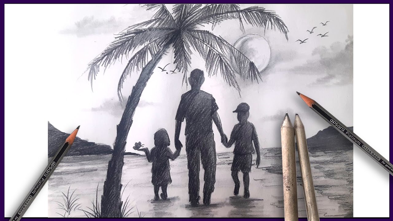 Father's day special drawing Easy way to draw Father Son and Daughter step by step
