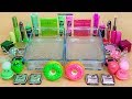 Neon Green vs Neon Pink Slime Mixing makeup and glitter into Clear Slime