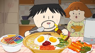 late night snacks - Bibimbap & cup noodles Mukbang Animation ASMR / foomuk