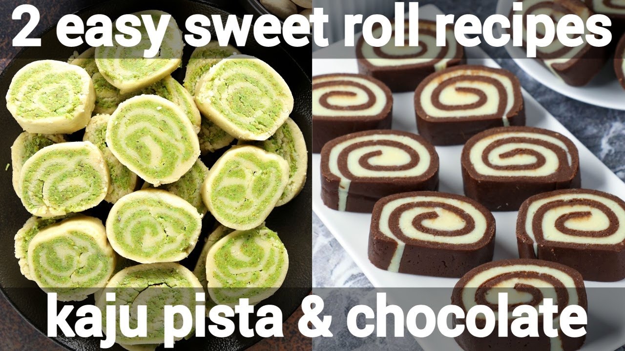 2 easy sweet roll recipes - kaju pista roll & parle-g biscuit swiss roll | no bake sweet roll recipe | Hebbar | Hebbars Kitchen